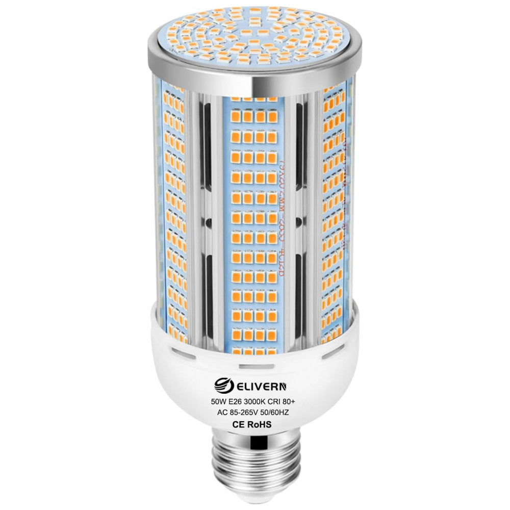 Lâmpada de Milho LED 50W - 6000 Lumens - Branco Quente 3000K - Base E26/E27 - Iluminação Brilhante para Casa, Garagem, Jardim, Escritório,ELIVERN