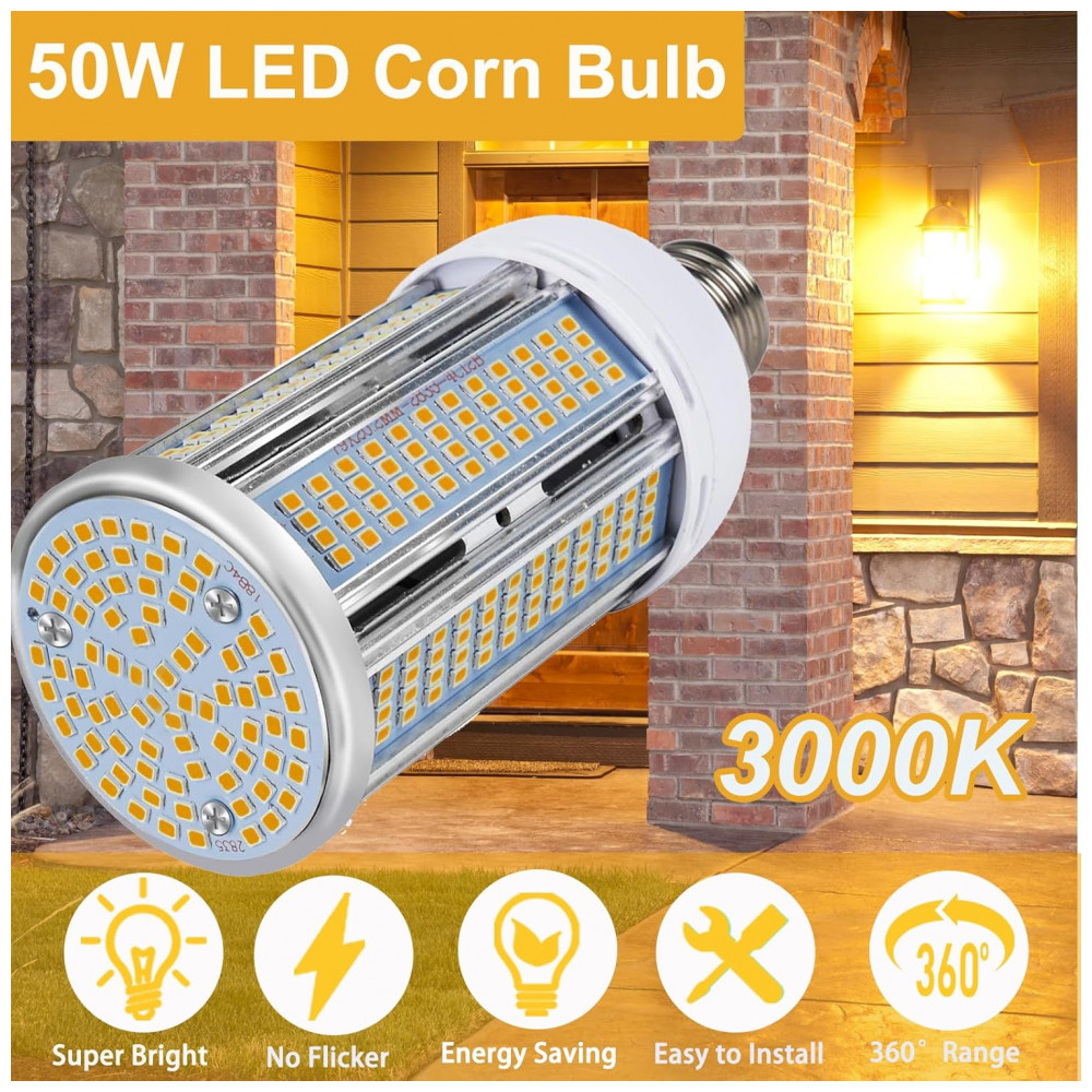 Lâmpada de Milho LED 50W - 6000 Lumens - Branco Quente 3000K - Base E26/E27 - Iluminação Brilhante para Casa, Garagem, Jardim, Escritório,ELIVERN - Imagem 3