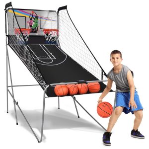 Basquete Eletrônico Goplus Dobrável com 2 Cestas Pontuação Eletrônica 8 Modos de Jogo 4 Bolas Ideal para Diversão Interna e Externa.