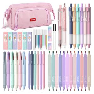 Kit escolar 52 peças Nicpro pastel com estojo rosa marcadores canetas em gel lapiseiras e canetas multicoloridas