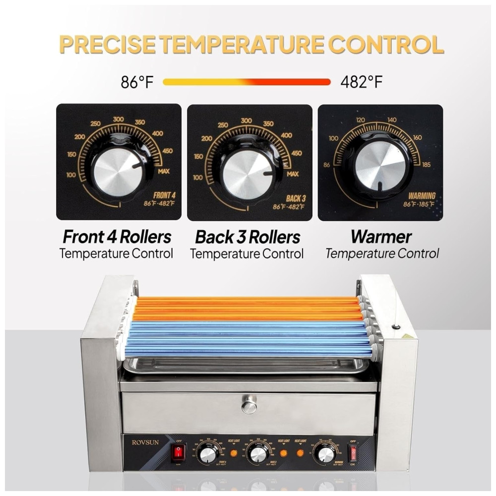 Máquina de Cachorro Quente até 18 Salsichas com Aquecedor de Pão Tampa Controle de Temperatura Dupla Luz LED Prateleira Removível e Bandeja de Gotejamento 110V 1200W ROVSUN Prata - Imagem 3