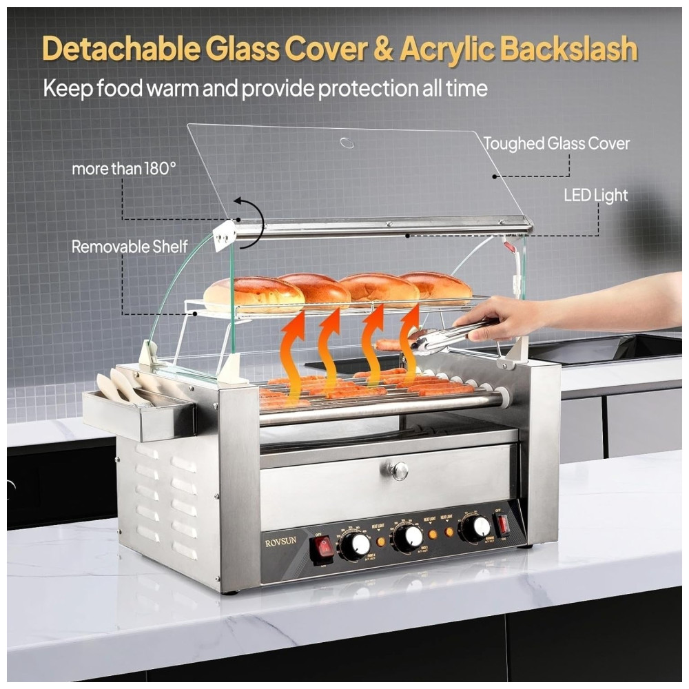 Máquina de Cachorro Quente até 18 Salsichas com Aquecedor de Pão Tampa Controle de Temperatura Dupla Luz LED Prateleira Removível e Bandeja de Gotejamento 110V 1200W ROVSUN Prata - Imagem 4