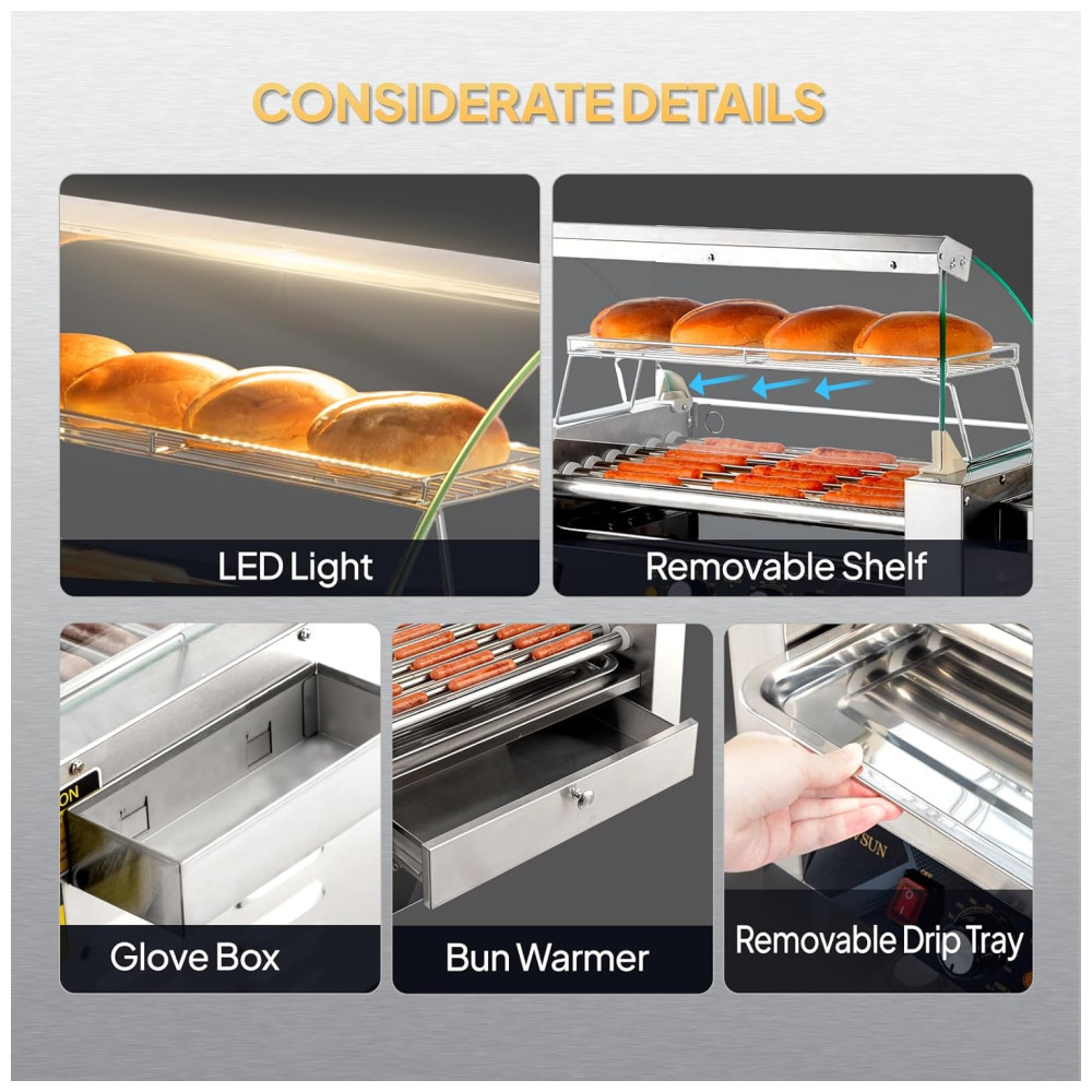 Máquina de Cachorro Quente até 18 Salsichas com Aquecedor de Pão Tampa Controle de Temperatura Dupla Luz LED Prateleira Removível e Bandeja de Gotejamento 110V 1200W ROVSUN Prata - Imagem 5