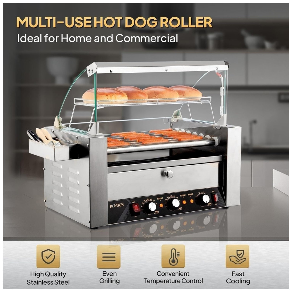 Máquina de Cachorro Quente até 18 Salsichas com Aquecedor de Pão Tampa Controle de Temperatura Dupla Luz LED Prateleira Removível e Bandeja de Gotejamento 110V 1200W ROVSUN Prata - Imagem 6