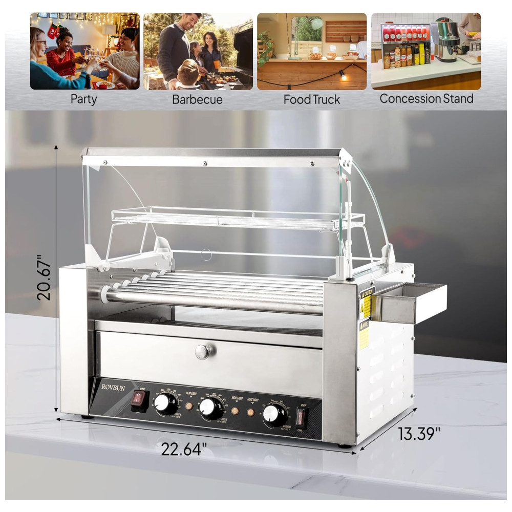 Máquina de Cachorro Quente até 18 Salsichas com Aquecedor de Pão Tampa Controle de Temperatura Dupla Luz LED Prateleira Removível e Bandeja de Gotejamento 110V 1200W ROVSUN Prata - Imagem 7