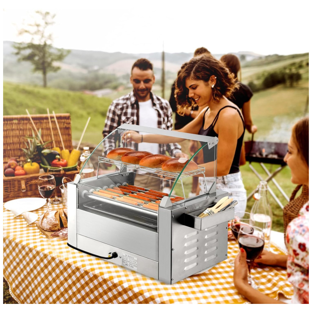 Máquina de Cachorro Quente até 18 Salsichas com Aquecedor de Pão Tampa Controle de Temperatura Dupla Luz LED Prateleira Removível e Bandeja de Gotejamento 110V 1200W ROVSUN Prata - Imagem 8