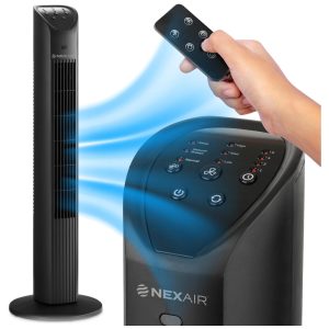 Ventilador de Torre Oscilante e Portátil com 3 Velocidades Controle Remoto e Operação Silenciosa 110V 60W NEXAIR Preto