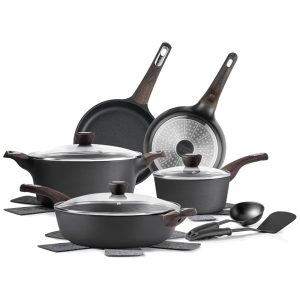 Jogo de Panelas Antiaderente SENSARTE Saudável e Livre de Tóxicos 14 Peças em Alumínio Indução Preta Clássica