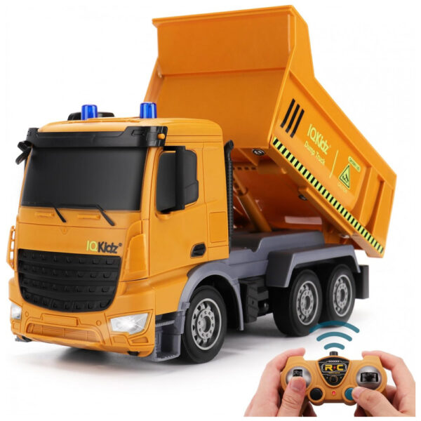 Caminhão Basculante de Controle Remoto com Luzes de Advertência Azuis, Brinquedo de Caminhão para Meninos e Meninas de 3 a 10 Anos, IQKidz