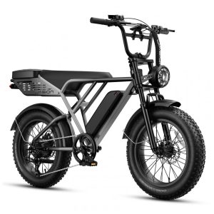 Bicicleta elétrica Jasion RetroVolt Pro cinza degradê pneus 20x4 motor 750W pico 3000W bateria 52V 20Ah freios hidráulicos rack multifuncional 110V