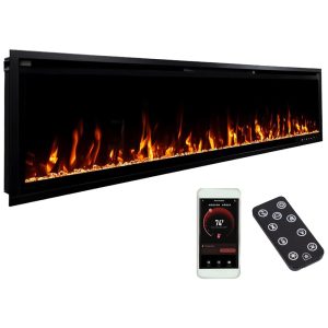 Lareira Elétrica Linear Inteligente Modern Ember Aerus de 183 cm Embutida ou de Parede Chamas LED Multicoloridas Wi-Fi Alexa Google