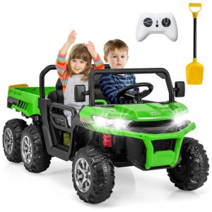 Caminhão Basculante Elétrico Infantil OLAKIDS Verde 24V 2 Lugares 4WD 6x6 Caçamba Elétrica Suspensão Controle Remoto 4x90W
