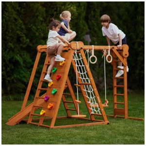 Avenlur Chestnut: Jungle Gym Indoor e Outdoor 7 em 1 Dobrável para Crianças - Escorregador Parede de Escalada Barra de Macaco Balanço