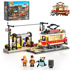 Heritage Tram and Station Lumibricks com iluminação LED 1274 peças cena de bonde europeu modular