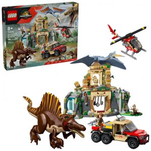 LEGO Jurassic World Spinosaurus & Quetzalcoatlus Air Mission conjunto de construção 984 peças com templo helicóptero e minifiguras