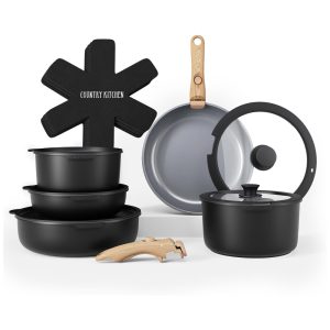 Jogo de Panelas e Frigideiras Material em Alumínio com 16 Peças e Cabo de Madeira Removível Country Kitchen Preto e Cinza