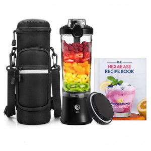 Liquidificador portátil NexaEase 600ml preto com case térmico e livro de receitas recarregável USB-C