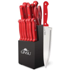 Conjunto de Facas em Aço Inoxidável com Bloco de Bancada 14 Peças Ginsu Kiso Vermelho