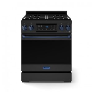 Fogão a gás GLP profissional 76cm Thor Kitchen Gordon Ramsay preto/azul marinho painel touch basculante convecção grelha contínua 129L 110V