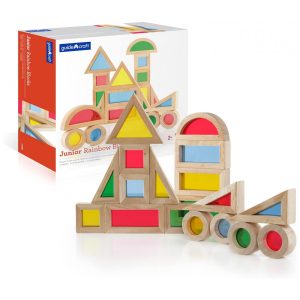 Blocos sensoriais Jr. Rainbow Blocks Guidecraft em madeira com janelas acrílicas coloridas – 20 peças empilháveis