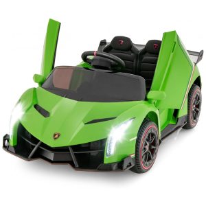 Carro Elétrico Infantil Licenciado 2 Lugares Lamborghini Veneno OLAKIDS Verde 12V 4WD Suspensão Controle Remoto Música USB MP3