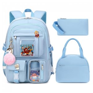 Mochila 3 em 1 azul para notebook até 16" com lancheira e estojo estilo kawaii