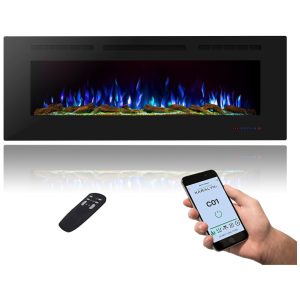 Lareira Elétrica Inteligente de 152 cm com Wi-Fi Embutida ou de Parede 13 Chamas e 3 Luzes Controle Remoto Timer TermostatoMasarflame