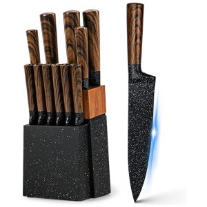 Conjunto de Facas em Aço Inoxidável com Bloco de Madeira 12 Peças Vvwgkpk Marrom