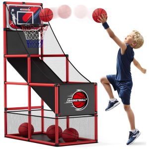 Jogo de Basquete Arcade Infantil com 4 Bolas e Bomba de Ar para Ambientes Internos e Externos HYES Vermelho e Preto