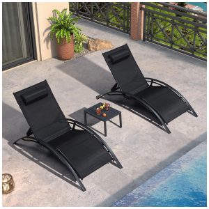 Espreguiçadeiras Grandes com Mesa Lateral Cadeiras Reclináveis Ajustáveis para Piscina e JardimPURPLE LEAF Preta
