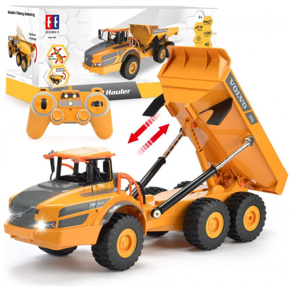 Caminhão Basculante de Controle Remoto DOUBLE E Volvo para Crianças, Articulado, Brinquedo de Construção com Luzes, Presente de Aniversário
