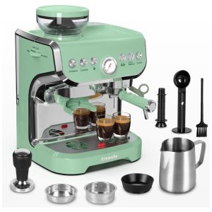 Máquina de Café Expresso Profissional 15 Bar com Vaporizador de Leite Moedor Embutido e Tanque de Água Removível de 2L 110V 1450W Amaste AC-517E Verde