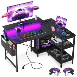 Mesa Gamer de Fibra de Carbono 40" 101 cm com Tomadas Portas USB Luz LED Prateleiras de Armazenamento e Suporte para Monitor 110V ODK Preto