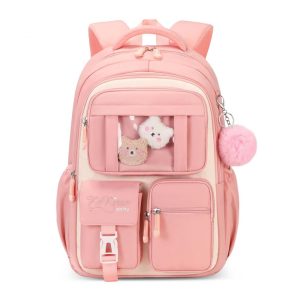 Mochila escolar infantil SPORTBANG kawaii 3 peças grande capacidade com estojo transparente e chaveiro de pompom bege e rosa