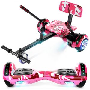 Scooter de Equilíbrio com Assento para Crianças e Adultos 65” e 85” com Bluetooth Luzes LED Coloridas e Kart – Camuflado Rosa
