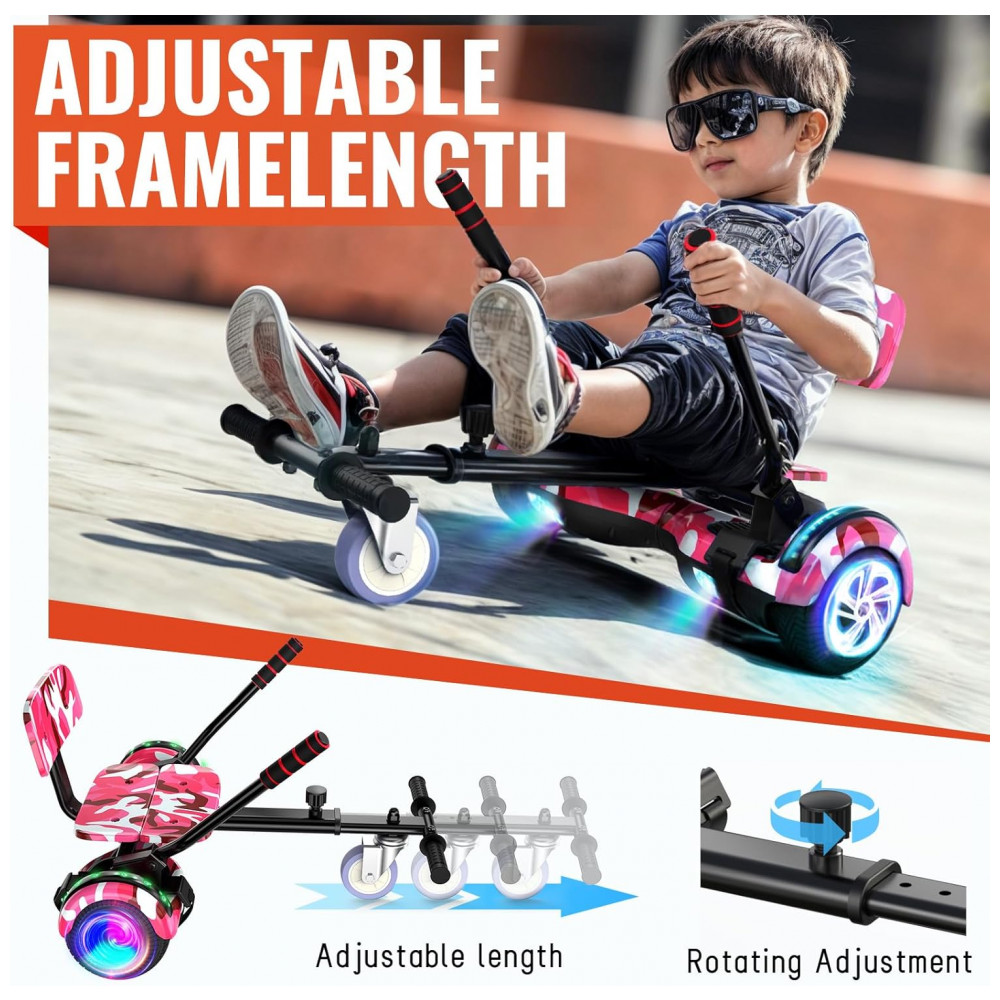 Scooter de Equilíbrio com Assento para Crianças e Adultos, 6,5” e 8,5” com Bluetooth, Luzes LED Coloridas e Kart – Camuflado Rosa - Imagem 3