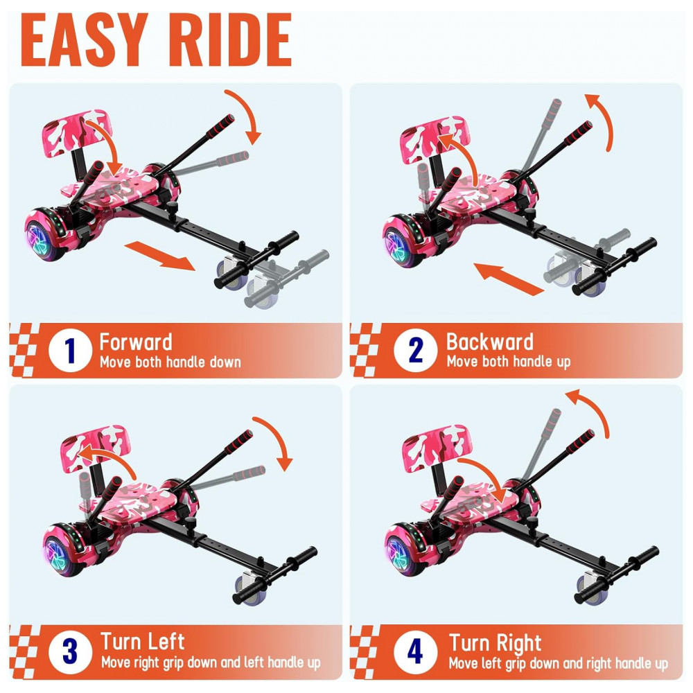 Scooter de Equilíbrio com Assento para Crianças e Adultos, 6,5” e 8,5” com Bluetooth, Luzes LED Coloridas e Kart – Camuflado Rosa - Imagem 4