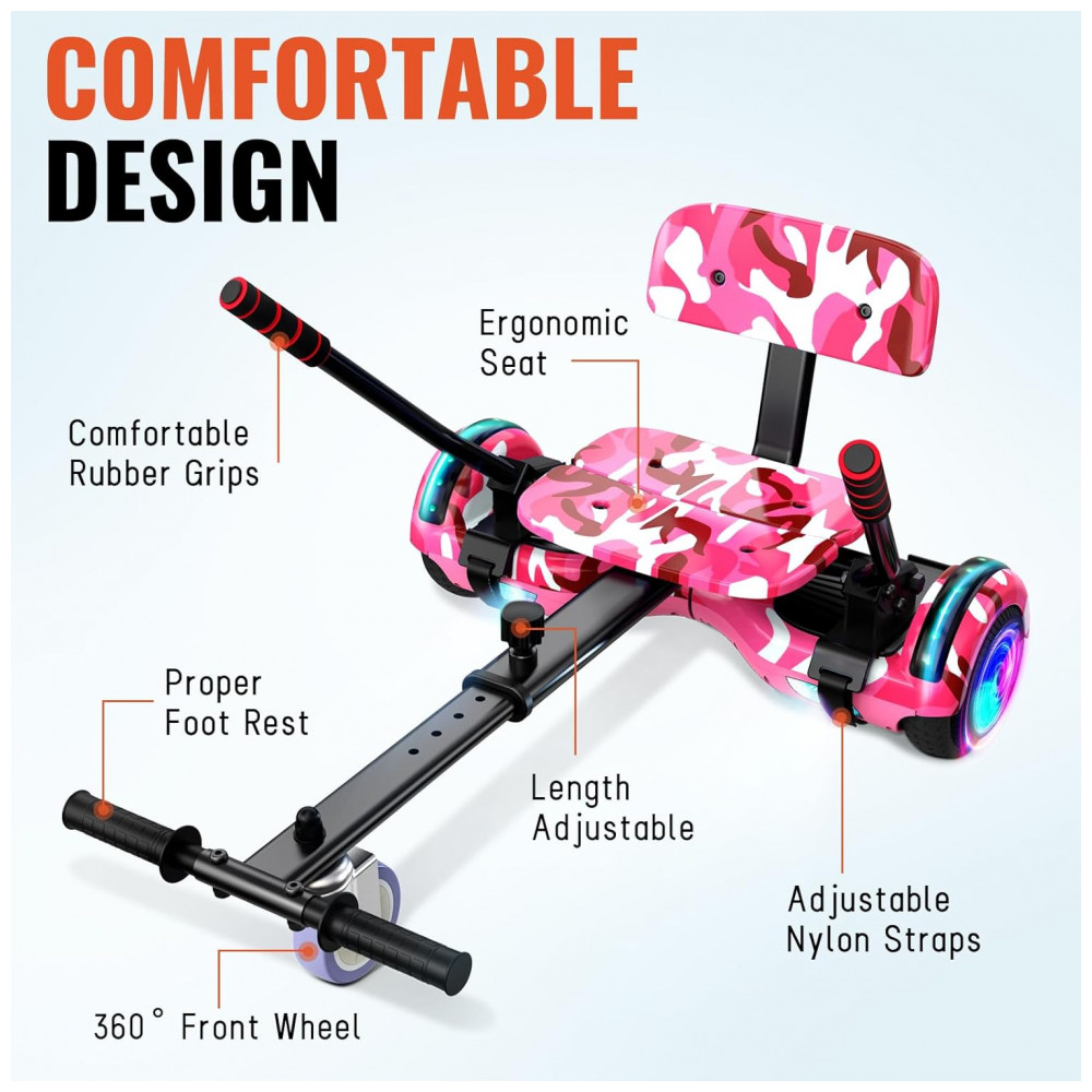 Scooter de Equilíbrio com Assento para Crianças e Adultos, 6,5” e 8,5” com Bluetooth, Luzes LED Coloridas e Kart – Camuflado Rosa - Imagem 5
