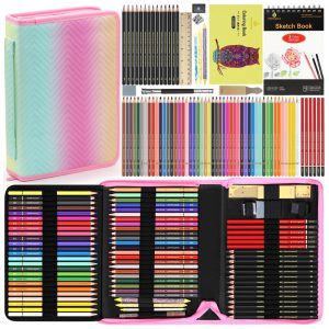 Kit de desenho 80 peças Heshengping com 48 lápis de cor lápis grafite carvão sketchbook 3 cores livro para colorir e estojo
