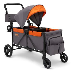 Carrinho de Passeio Vagão Duplo Multifuncional com Capota e Armazenamento Jeep Cinza e Laranja