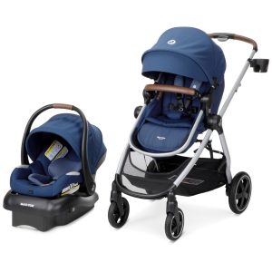 Carrinho de Bebê Travel System 5 em 1 Modular com Porta-Copos Barra de Proteção e Capa de Chuva Maxi Cosi Zelia Luxe Azul Escuro
