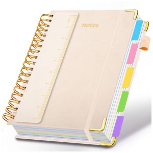 Caderno universitário espiral capa dura GDGDSY B5 8x10 5 matérias 300 páginas pautadas divisórias removíveis capa couro sintético branco