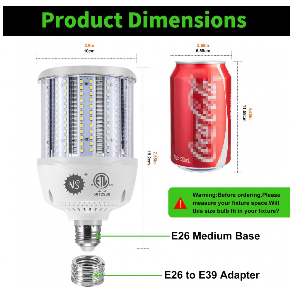 Pacote com 2 Lâmpadas de Milho LED 80W NS, 5000K, AC100-277V, 12000lm, Base E26/E39, Substituição de Lâmpadas HID para Iluminação Comercial Industrial - Imagem 3