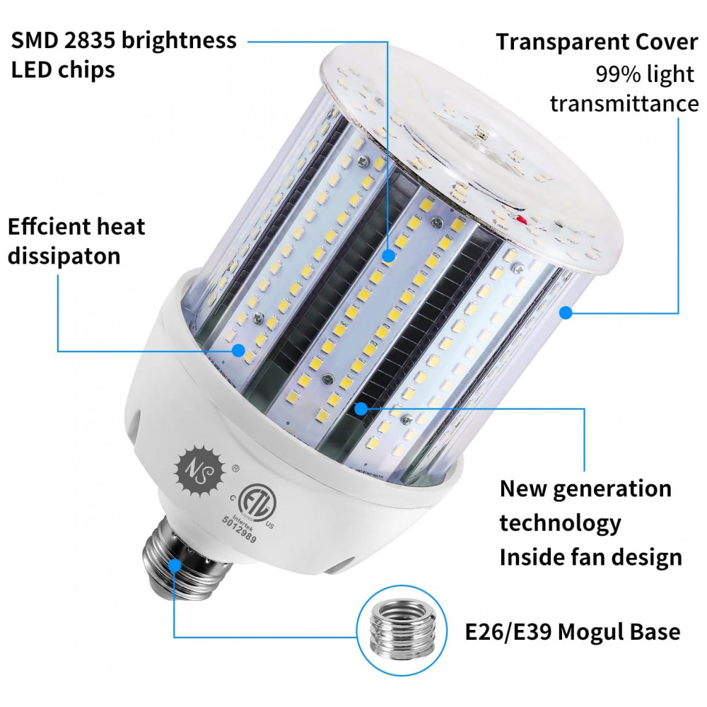 Pacote com 2 Lâmpadas de Milho LED 80W NS, 5000K, AC100-277V, 12000lm, Base E26/E39, Substituição de Lâmpadas HID para Iluminação Comercial Industrial - Imagem 5