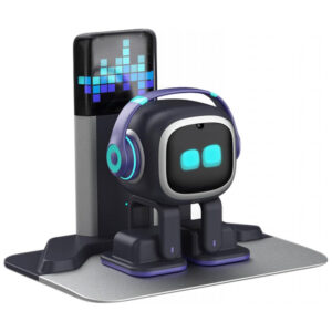 Robô Companheiro Inteligente Preto e Prateado – EMOPET AI Desk Robot Companion, Comandos de Voz, Dança e Estação de Recarga