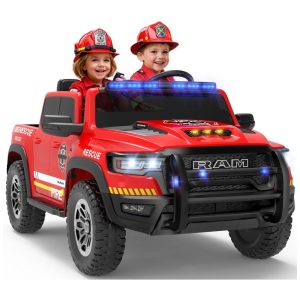 Carro Elétrico Infantil Caminhão de Bombeiros RAM 1500 24V Vermelho 2 Lugares com Controle Remoto Sirene e Luzes Piscantes