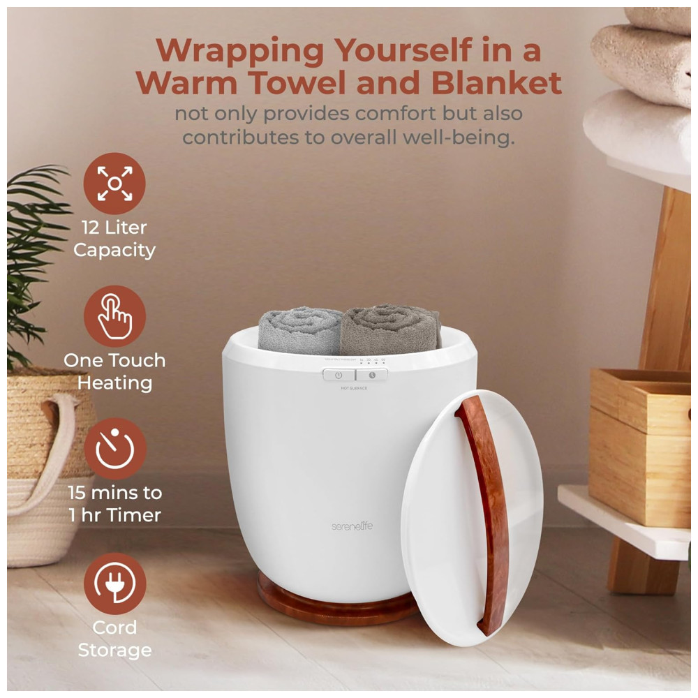 Aquecedor de Toalha Elétrico com Fragrância Personalizada Desligamento Automático para 1 Toalha Grande ou Roupão 110V 210W SereneLife Branco e Marrom Cereja - Imagem 6