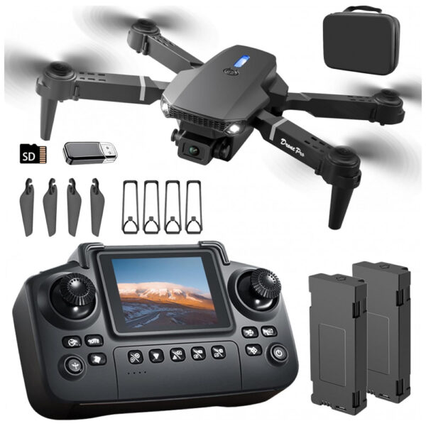 Drone E88 com Controlador de Tela, Cartão SD, Mini Drone Dobrável para Iniciantes, 2 Baterias, Voos com Voltas de 360 Graus, Elecci