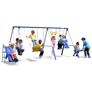 Conjunto de Balanços Metálico Sportspower Super 9 Azul/Amarelo 9 Estações com Escorregador 152 m Capacidade 454 kg