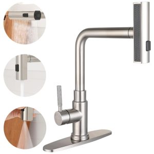 Torneira Cozinha Giratória 360 com Pulverizador de Três Funções Aço Inoxidável Deseegoal Níquel Escovado
